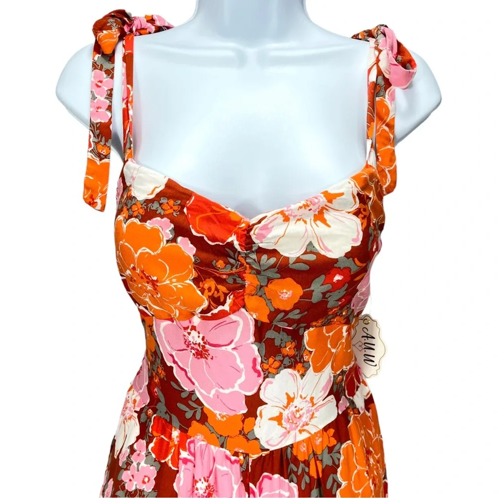 AUW Women’s Large Orange & Pink Floral Wide‎ Leg Pants Jumpsuit Tie Straps Boho